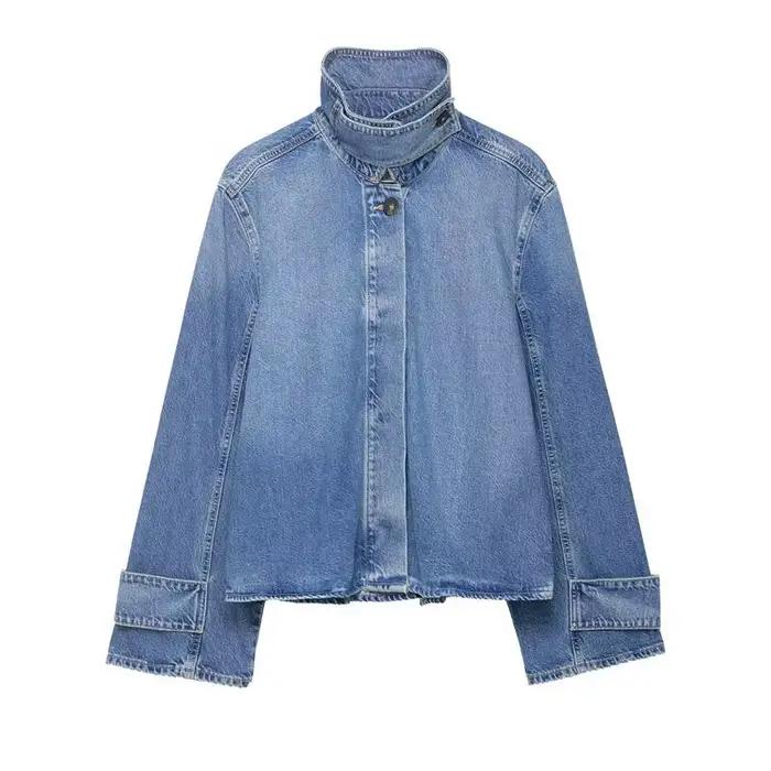 Femmes Denim tricot Patchwork veste revers épissures simple boutonnage à manches longues manteau dam
