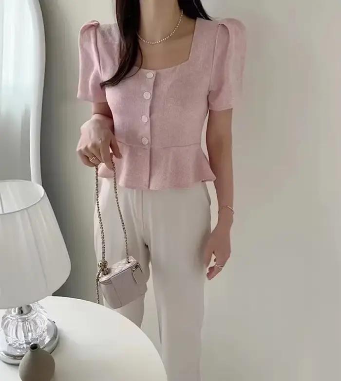 Cardigan élégant anti-âge pour femme, col carré, bord à volants, veste courte taille haute, style ét