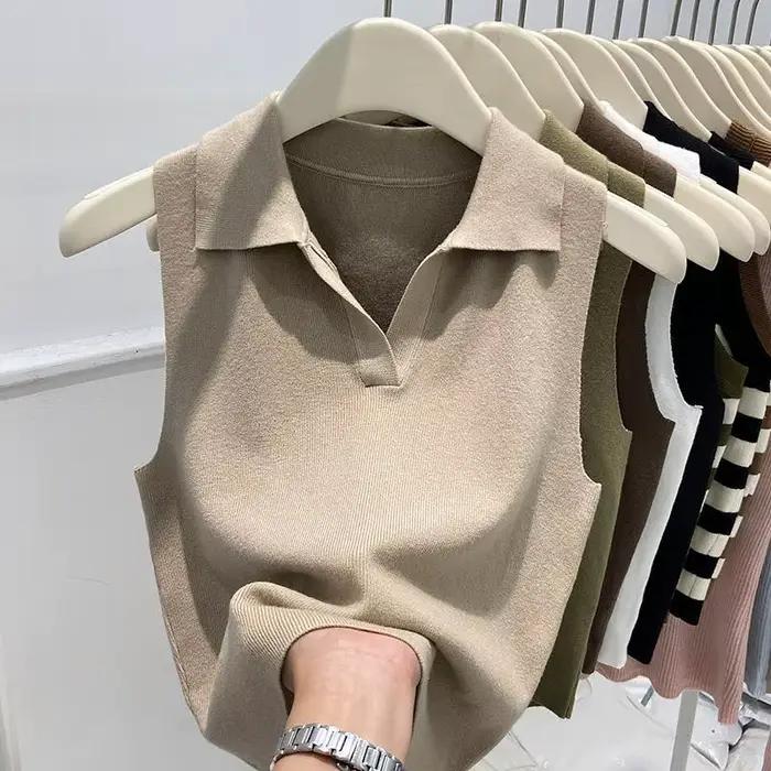 Gilet tricoté sans manches à col Polo pour femme, haut court, Simple, décontracté et polyvalent, nou