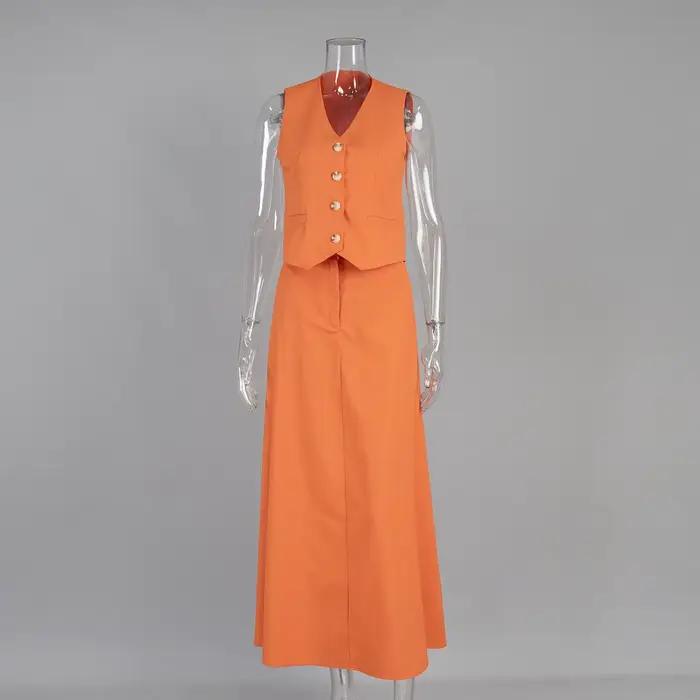 Ensemble 2 pièces chic pour femme : Gilet et jupe longue – Nouvelle collection été – Haut sans manch