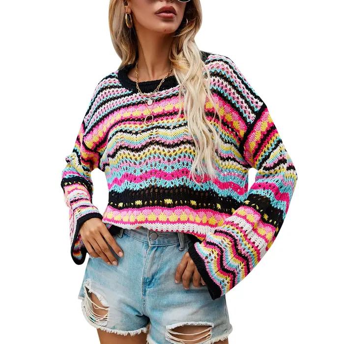 Puloru-Pull rayé vintage des années 90 pour femme, décontracté, avec crochet, chic, manches longues