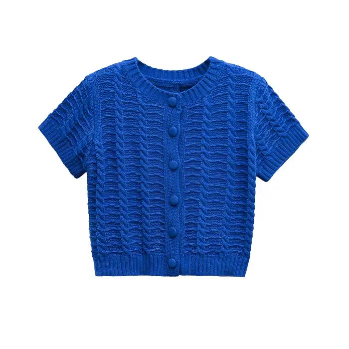 Cardigan en tricot à manches courtes pour femmes, motif de câble, col rond, Style Simple, décontract