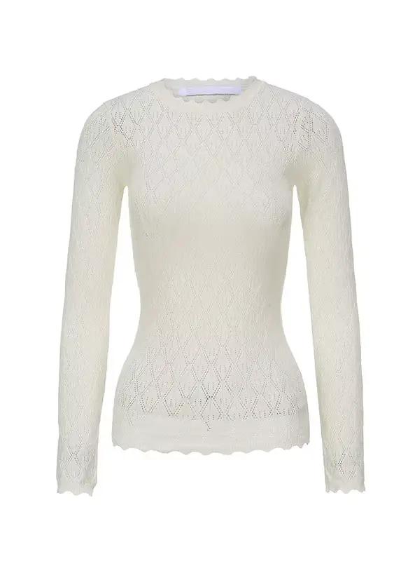 Pull tricoté en dentelle pour femmes, manches longues, chemise à fond creux en dentelle