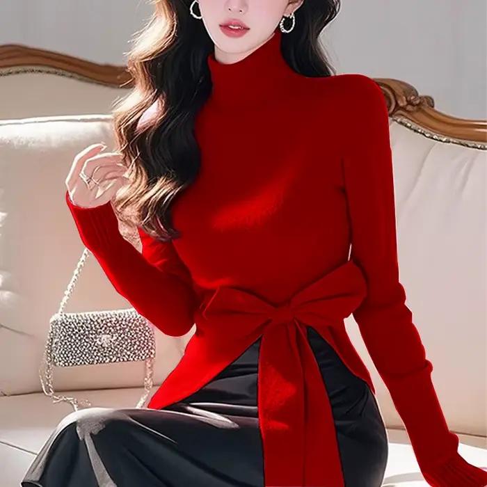 Pull en tricot irrégulier à col haut pour femme, Style français, détail avec nœud, couche de Base él