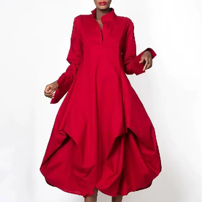 Robe mi-longue rouge à volants asymétriques pour femmes, col haut, col montant, manches longues, amp