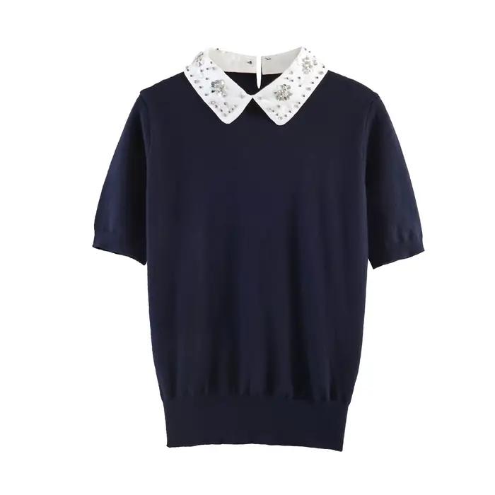 Pull en tricot à col français à manches courtes pour femme, nouvelle collection été, avec décoration