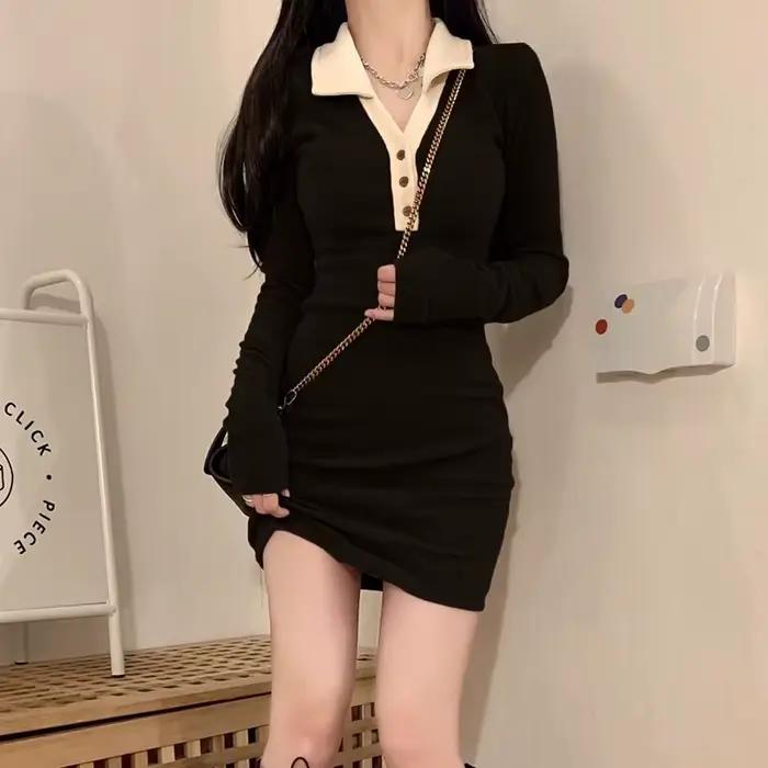 Robe marron française tricotée à col Polo pour femmes, nouvelle jupe Slim aux hanches, automne et hi