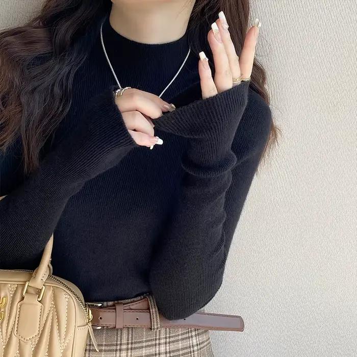 Pull jaune clair femme manches longues tricot côtelé col montant pull uni col montant pull automne h