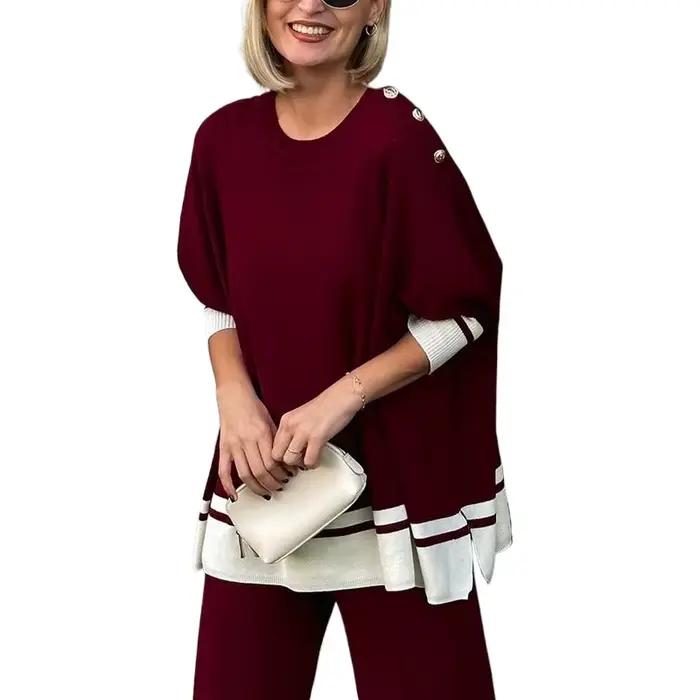 Modigirl femmes bordeaux surdimensionné chauve-souris haut en tricot contraste garniture bouton déta