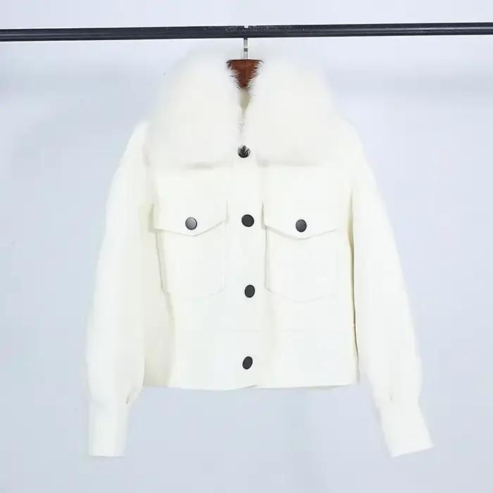 Manteau court décontracté pour femme avec col en fourrure de renard, 2024 cachemire, 10% laine, doub