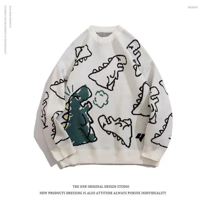 Pull Surdimensionné à Manches sulfet Col Rond pour Femme, Couleur Unie, Imprimé Dinosaure, Style Déc