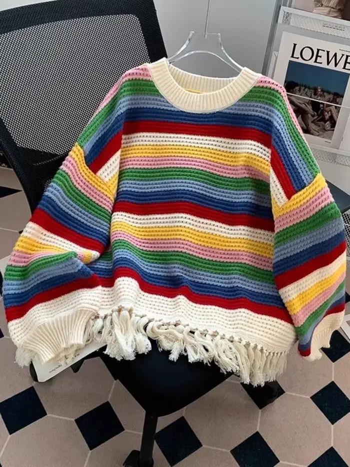 Doux gland chandails femmes Vintage mignon ample à manches longues tricoté pull décontracté rétro O