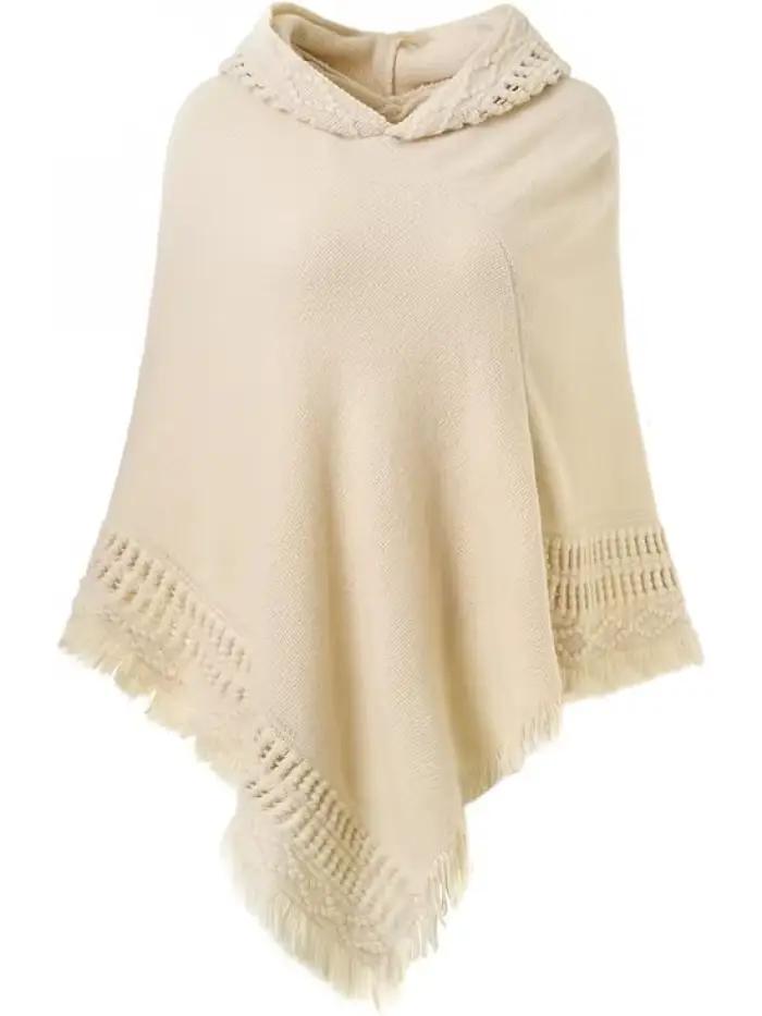 Cape à capuche pour femme avec ourlet à franges, motifs chauds de tricot poncho au crochet pour femm