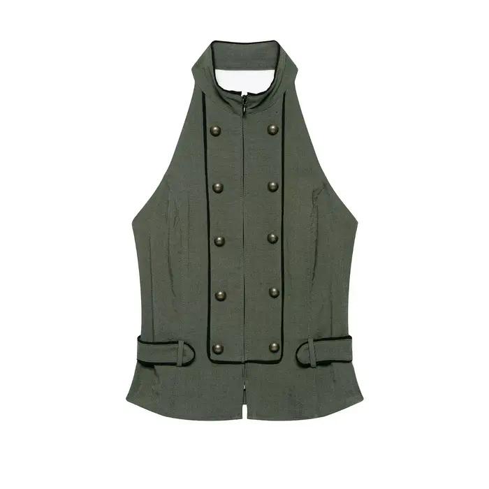 HH Gilet Militaire Bohème Romantique Olive pour Femme, Col Montant Halter, Boutons Bronze, Sans Manc