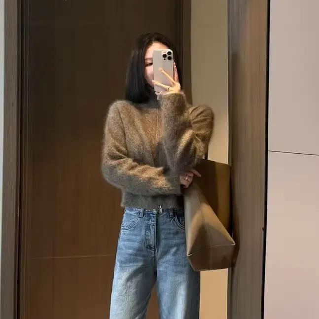 Maillard – veste Cardigan tricotée en Mohair marron avec fermeture éclair pour femme, haut ample et