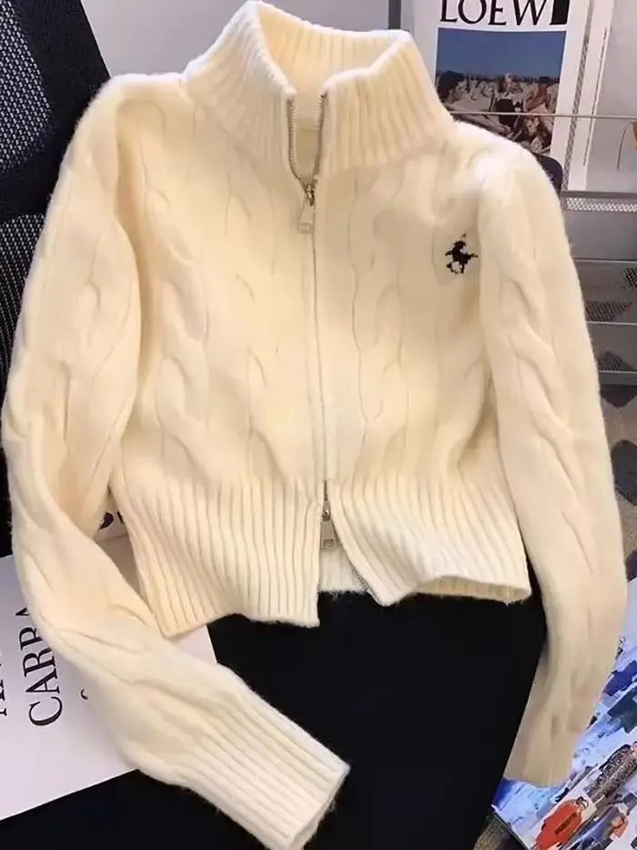 Veste pull polyvalente rétro à col montant avec fermeture éclair pour l'automne et l'hiver, Cardigan