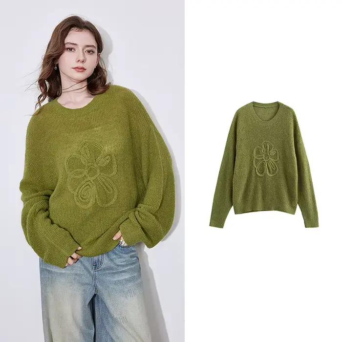 Pull à manches longues avec motif floral pour femme, pull style paresseux, cheval, nouveau, printemp