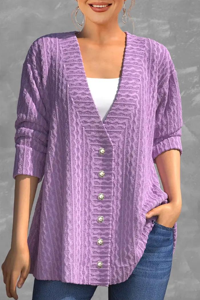 Flycurvy-Cardigan décontracté violet pour femme, pull à simple boutonnage, coupe At confortable, gra