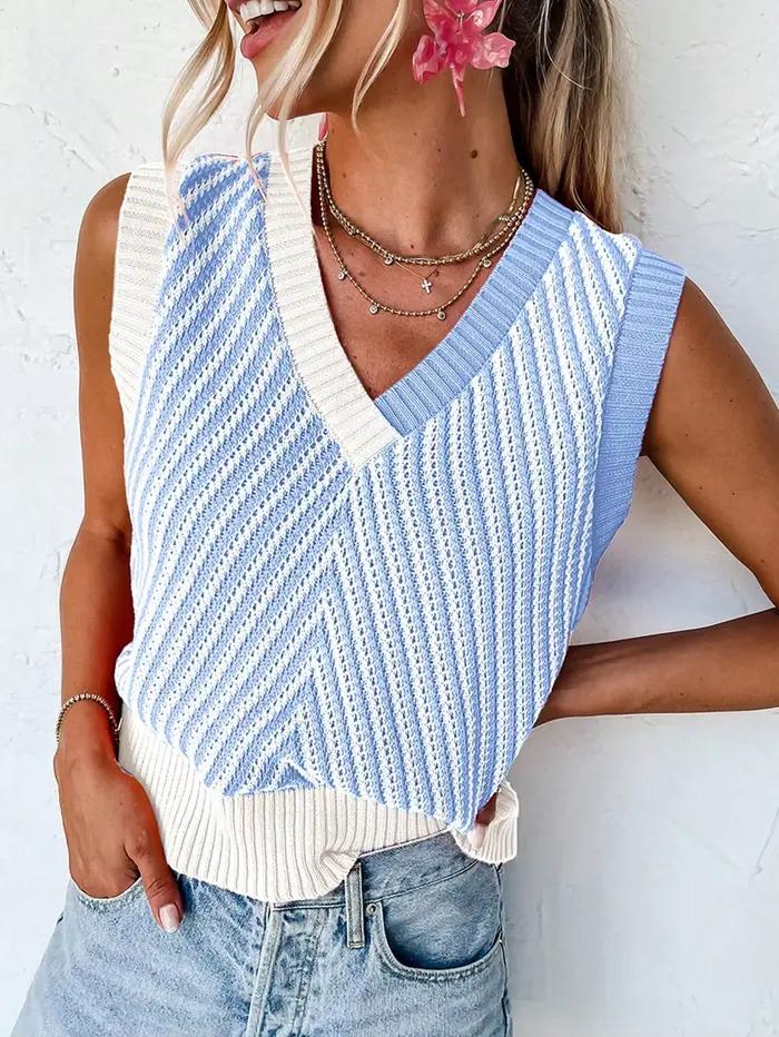 Nouveau Gilet Décontracté Femme 2026 à Rayures Multicolores Contrastées, Col en V Côtelé, Style Vaca