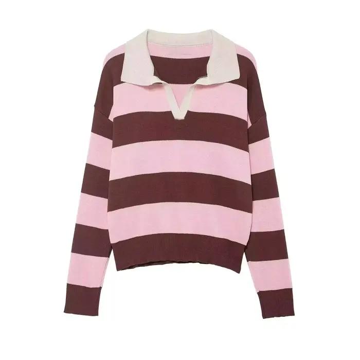 HH femmes tendance décontracté rayé tricoté pull pull revers à manches longues pull chemise printemp