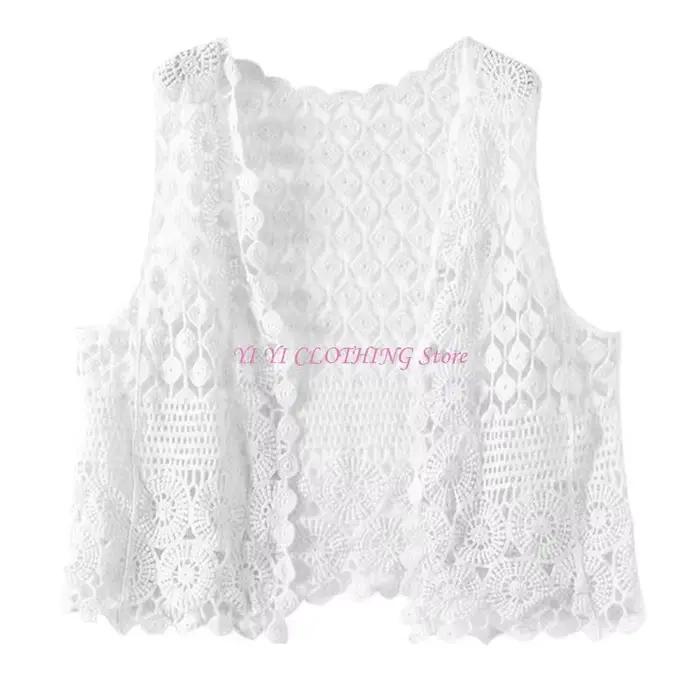 Gilet cardigan court sans manches en crochet pour femme, motif géométrique ajouré ethnique, ouvert s