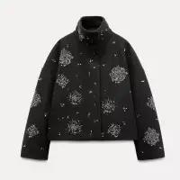Veste à paillettes flocon de neige vintage pour femme, manches longues, col montant, fermeture éclai