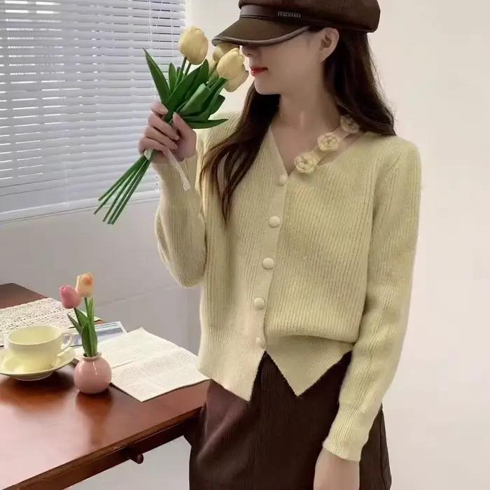 Cardigan à fleurs au crochet fait à la main pour l'automne et l'hiver, tenue de style coréen, pull a