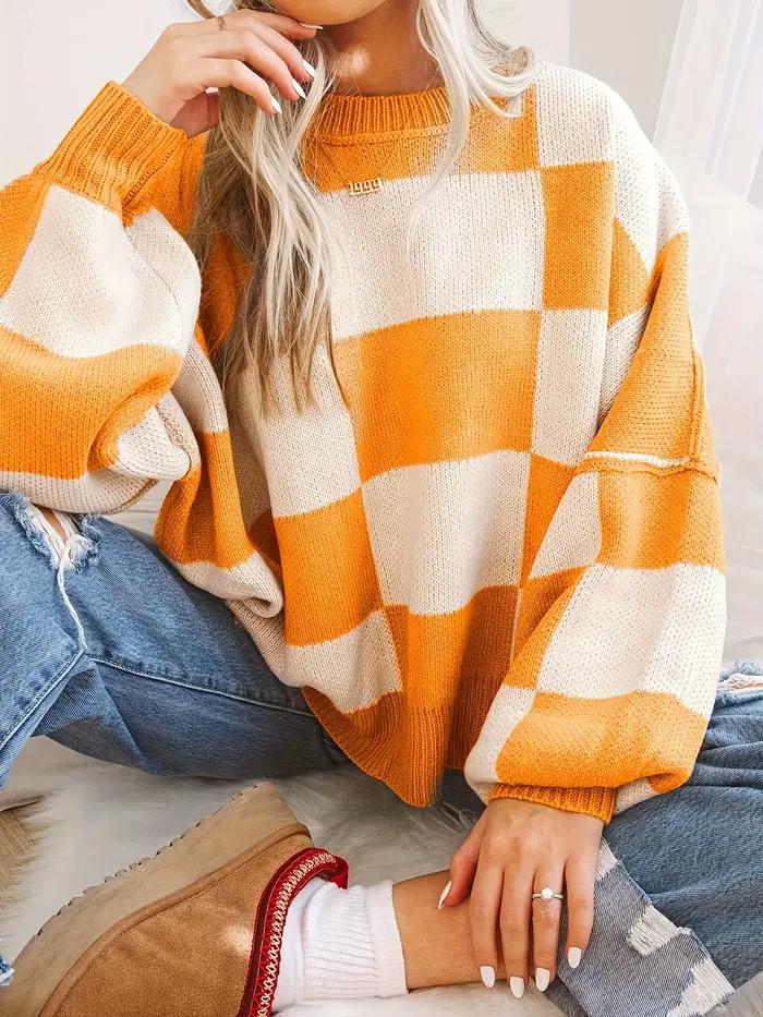 2025 pull nouveau couleur contrastée damier tricoté pull ample paresseux vent épissage pull en autom