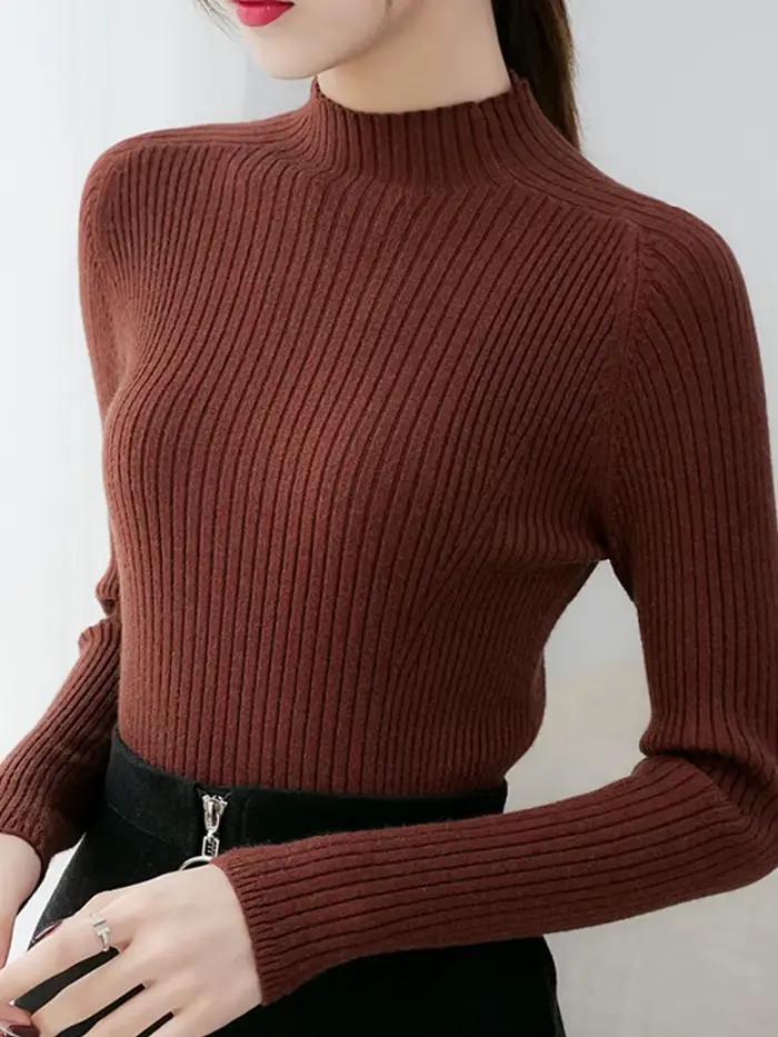Femmes côtelé tricoté chandails 2026 automne hiver pull col montant à manches longues mince pull fem