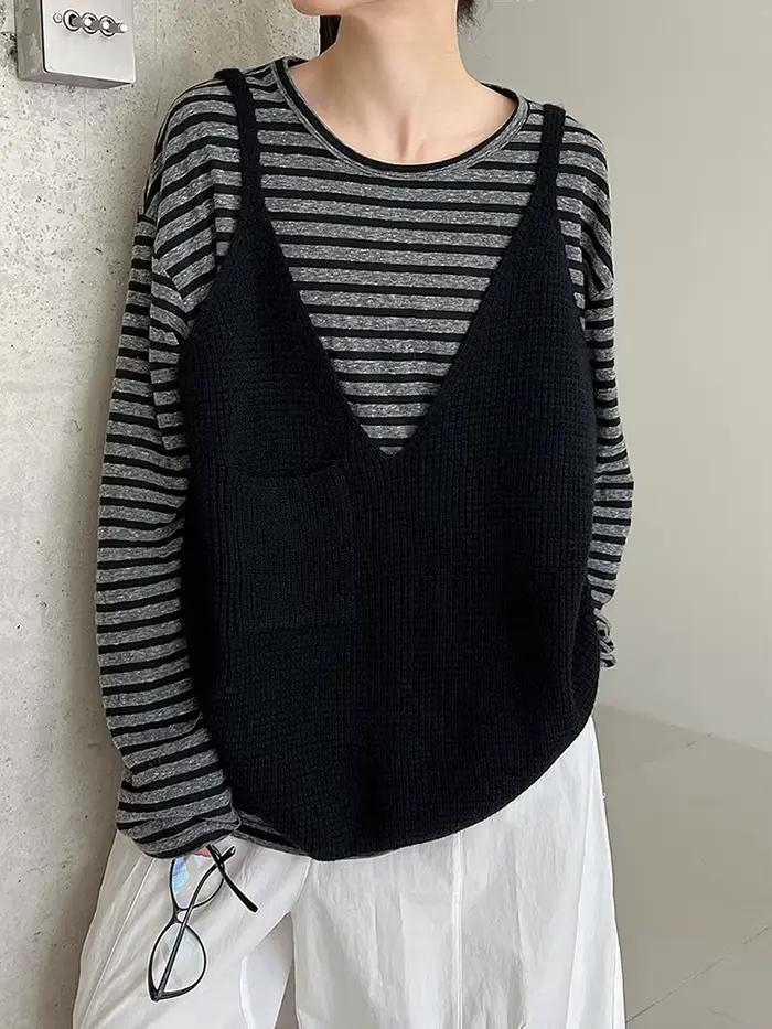 EAM femmes noir gris bref grande taille décontracté tricot gilet nouveau col en V sans manches mode