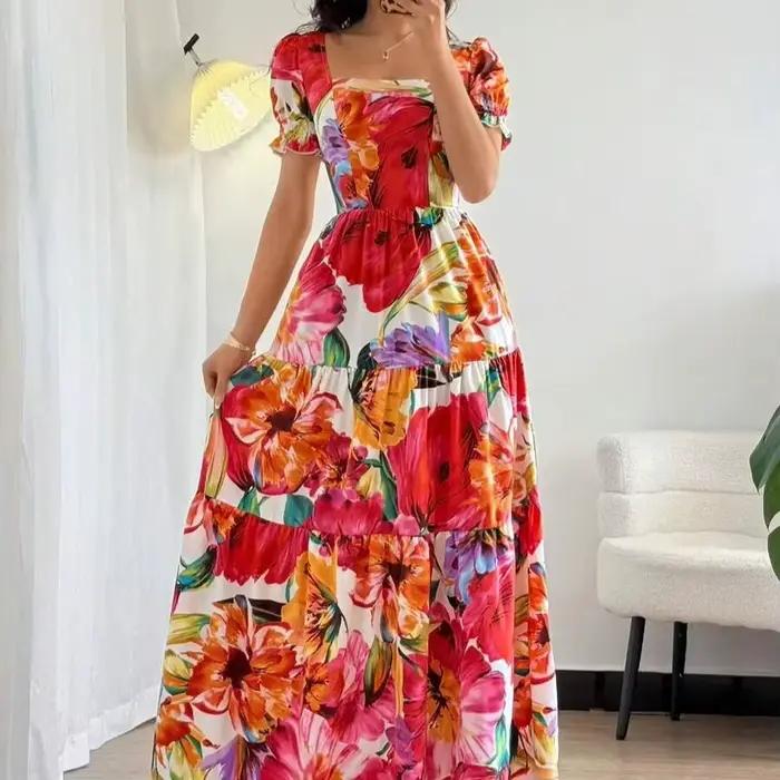 Robe longue maxi à col carré imprimée numériquement rouge, élégante robe d'été pour femmes, idéale p
