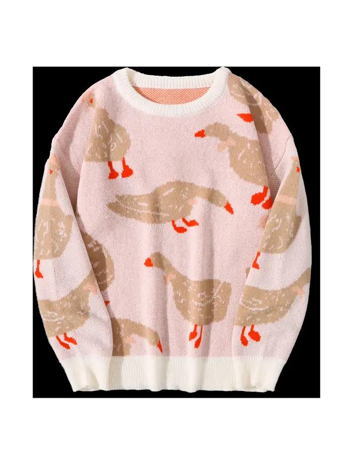 Nouveau populaire automne hiver mignon canard Jacquard motif pull pull décontracté col rond contrast