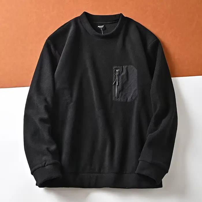 Pull chaud décontracté à col rond pour hommes, pull tendance, poche zippée sur la poitrine, sourire,