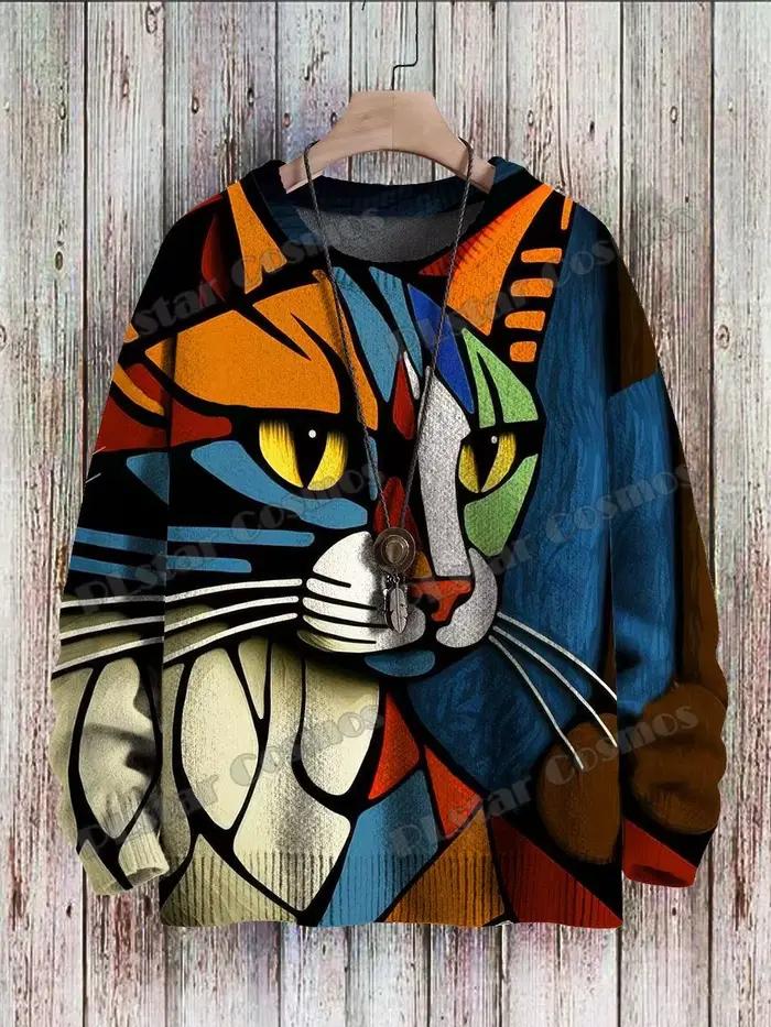 Pull en tricot multicolore pour hommes, motif de chat d'art géométrique abstrait, pull unisexe décon