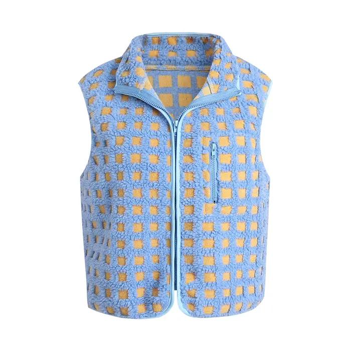 Hirigin Gilet polaire pour femme à carreaux sans manches avec fermeture éclair et cardigan chaud ave