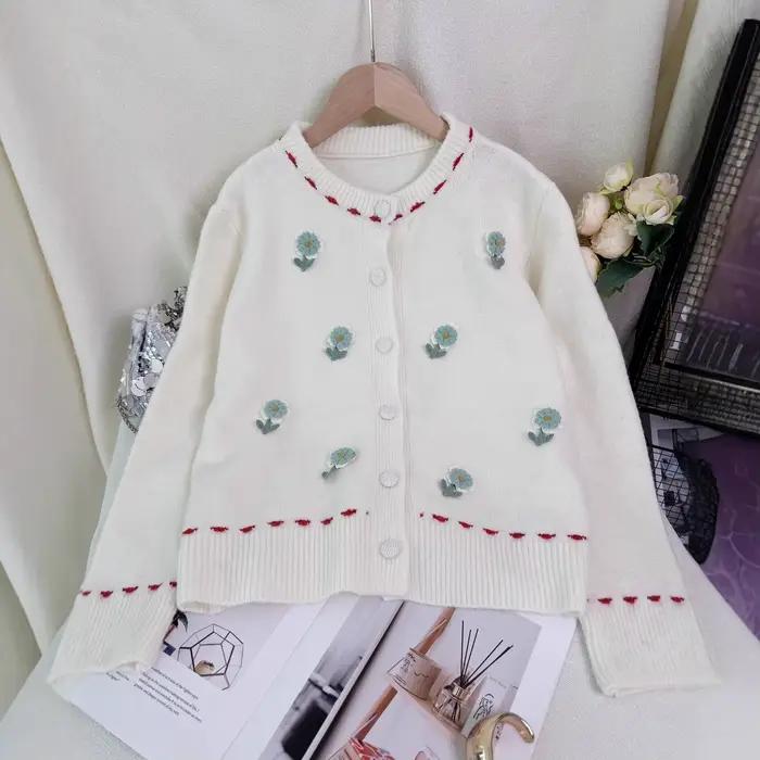 Cardigan tricoté à fleurs patchwork à col rond pour femme