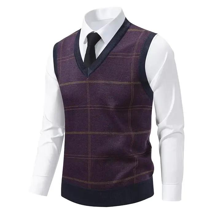 Pull tricoté à col en v pour hommes, chaud, automne hiver, grille de diamant, fleur torsadée, décont
