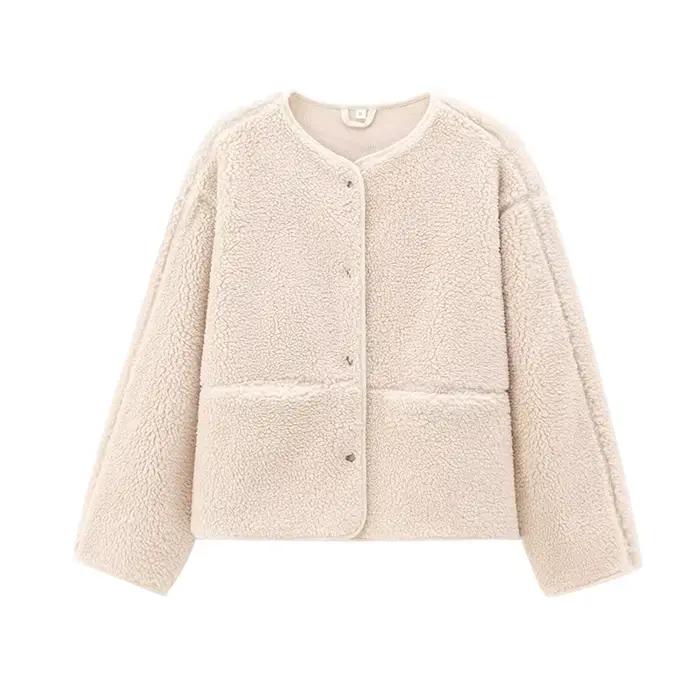 Peluche Teddy veste femme élégant col rond simple boutonnage poches épaissir manches longues manteau