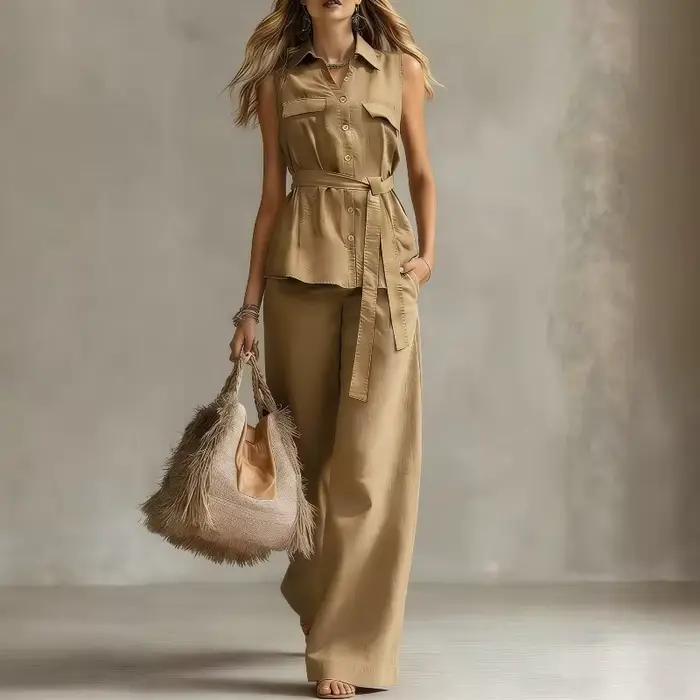 Ensemble élégant : Gilet à boutons et col à revers, haut à lacets et pantalon taille haute à jambes