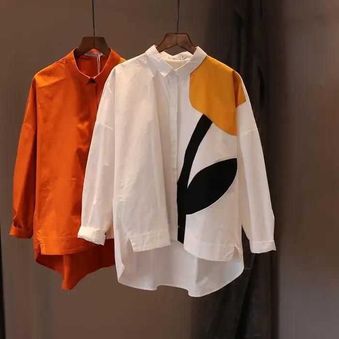 Chemise blanche à manches longues pour femmes, chemisiers College de fleurs, vêtements en Y élégants
