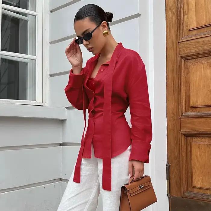 Linad élégant bleu coton écharpe col Blouse femme bureau rouge simple boutonnage chemises femme auto