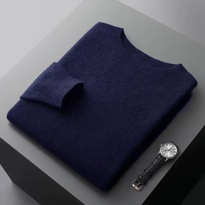Hommes 100% laine mérinos pull basique col rond laine pull automne hiver à manches longues doux pull