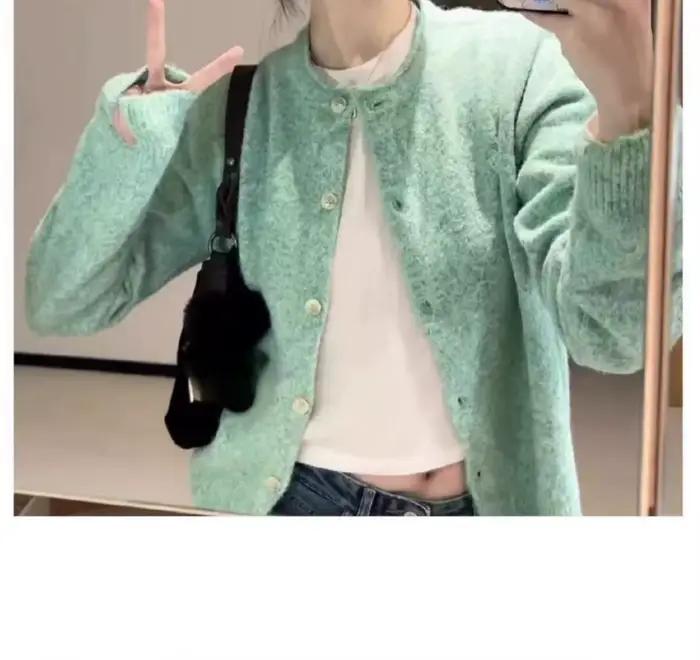 Tempérament: vert menthe bord roulé Cardigan pull veste femme printemps et automne haut début