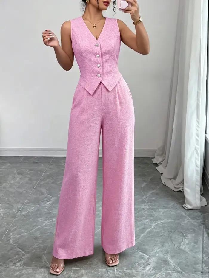 Ensemble chic pour femme : gilet rose sans manches à col en V boutonné et pantalon large taille haute en tweed – Idéal