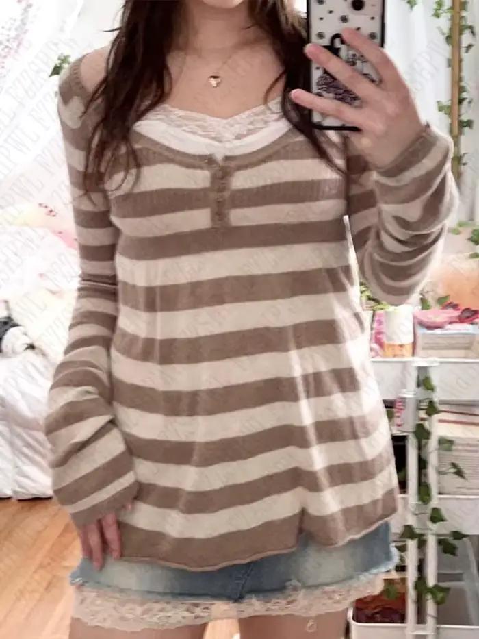 Rayé motif décontracté pull coton chic grunge punk Y2K haut rue haute rue rock esthétique rétro hop mode femmes