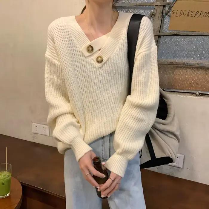 2025 col en v pull femmes automne hiver ample à manches longues solide Feamle tricots bureau dame décontracté quotidien