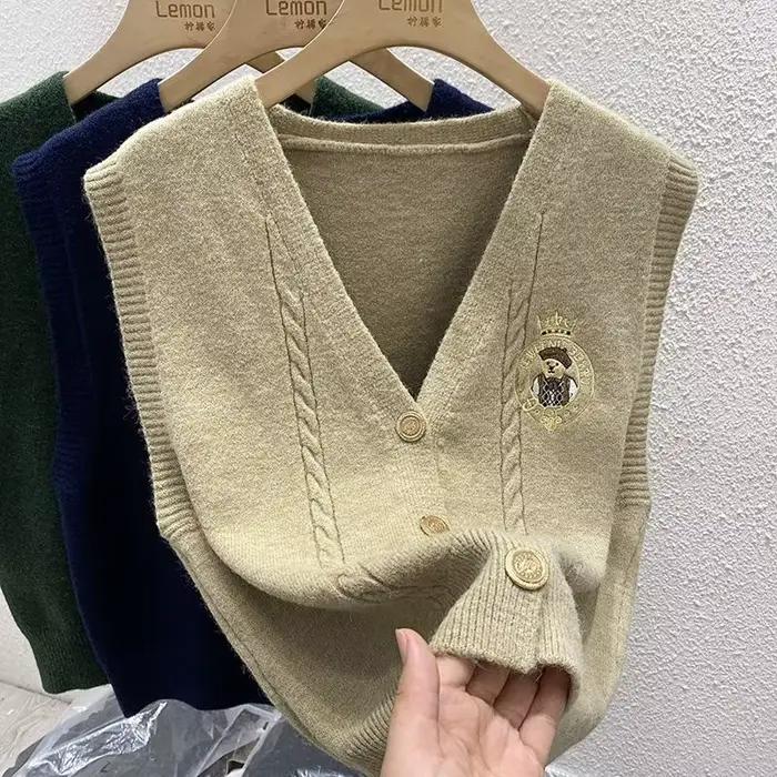 Gilet ample en polyester et coton avec ourson brodé pour femmes, col en V, coupe décontractée, automne et hiver
