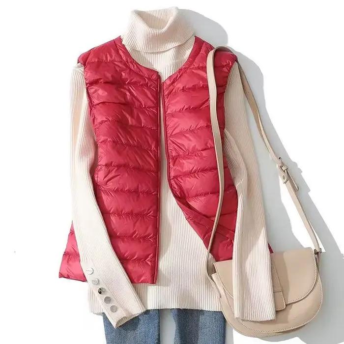 2025 automne/hiver nouveau gilet léger pour femme col rond court chaud duvet de canard Portable débardeur grand M-8XL
