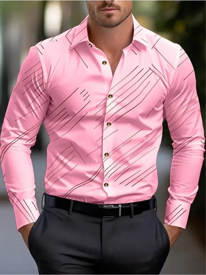 Chemise col rond pour hommes, manches longues, revers rayé, chemise décontractée pour le printemps, l'automne, l'hiver et l'été