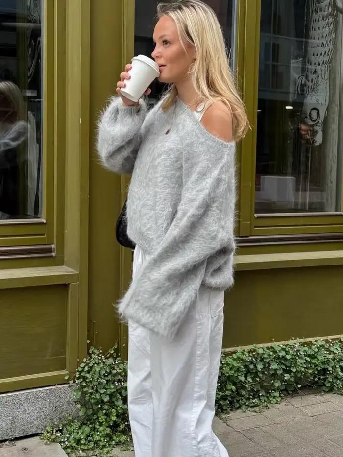 FSMG Fashion Pull court en mohair doux et moelleux pour femme